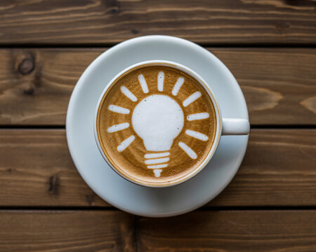 Start your day with inspiration having a lightbulb latte art drink to spark creativity and energize your innovative business ideas - Powered by Adobe
