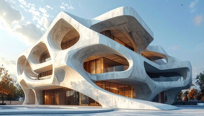 Futuristic organic architecture building with fluid concrete design