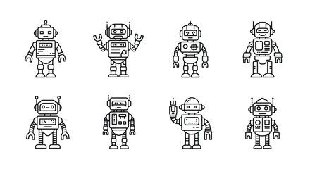 Set of eight retro robot characters with unique designs and playful expressions for graphic design projects vector