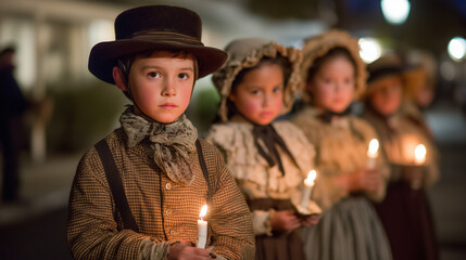 Children dressed in old-fashioned clothes holding candles during traditional Posadas Navideñas Christmas procession in Mexico