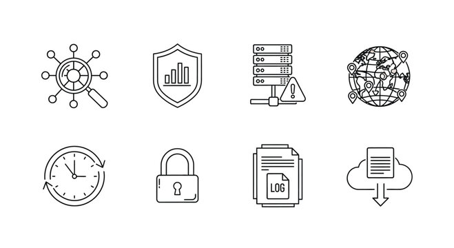 Set of modern abstract line art icons representing data analytics security cloud computing and time management vector