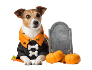 Jack Russell Terrier in Skeleton Costume Ready for Halloween Spookiness isolated on a transparent background
