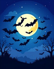 A vibrant illustration depicts a dark night sky with a full moon and silhouetted bats. Bare trees frame the scene with grass and distant hills