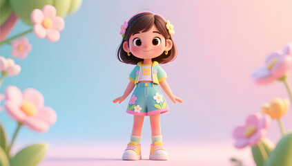 Fototapeta premium Full body cute girl in spring outfit, Children's Day 3D cartoon render