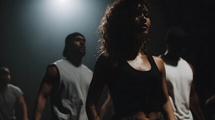 A focused group of dancers rehearsing in a dimly lit studio with dramatic spotlighting