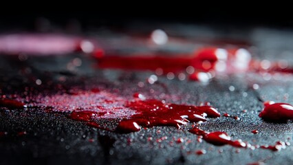 Red liquid splatters and droplets on a dark textured surface with bokeh lights