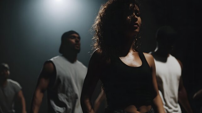 A focused group of dancers rehearsing in a dimly lit studio with dramatic spotlighting