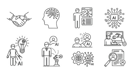 Set of technology and business concept icons representing innovation and collaboration in digital age vector