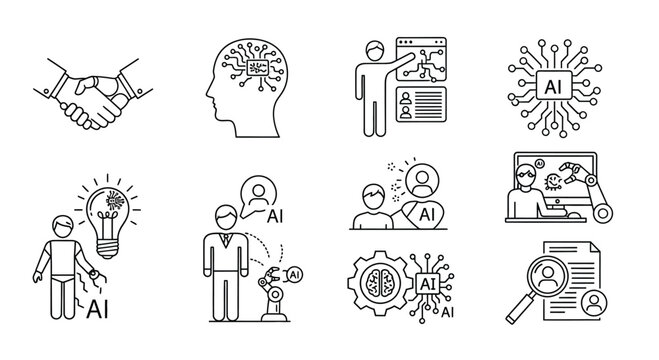 Set of technology and business concept icons representing innovation and collaboration in digital age vector