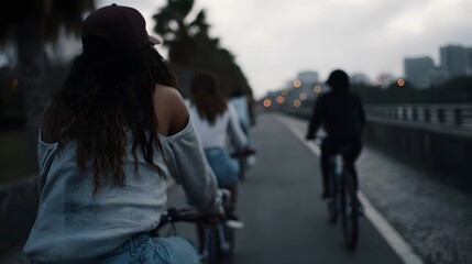 Group of friends cycling on an urban path during twilight with city lights in the background