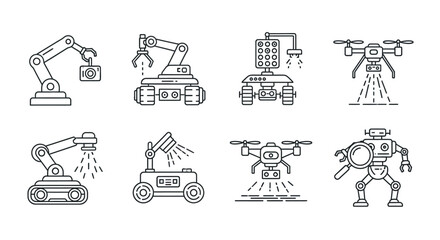 Collection of industrial robots and drones in a clean line art style for technology and automation themes vector