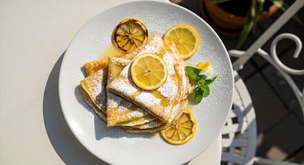 Delicious crepes with lemon and powdered sugar served on a white plate as a dessert