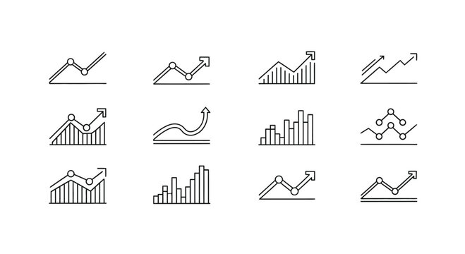 Diverse financial growth charts and bar graphs showing upward trends for business analysis and investment vector