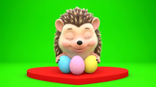 Delightful 3D Animation of Smiling Hedgehog with Closed Eyes Holding Pastel Easter Eggs on a Red Heart Shaped Platform Isolated by Green Screen Perfect for Easter and Spring Themes Happy Greeting