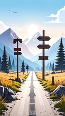 A vibrant illustration depicts a road stretching towards sunlit mountains. Wooden signs mark the path, with trees and fields adding color