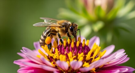 Close-up macro photo of a honey bee collecting nectar and pollen from a vibrant purple and pink flower in a natural garden.