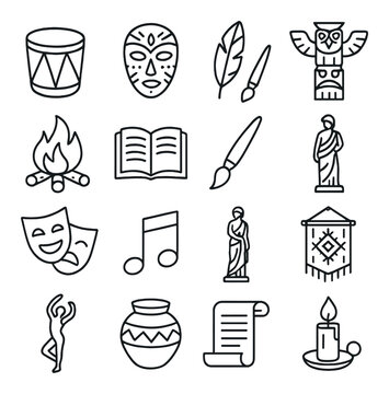 Cultural symbols line art: drum, mask, feather, statue, musical note, ancient scroll
