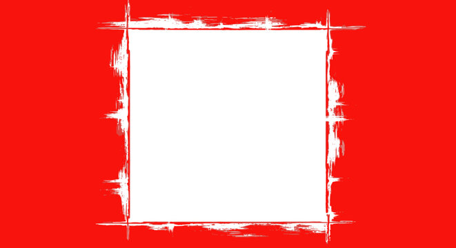 A stark white square with distressed edges is centered on a vibrant red background creating a bold graphic design element