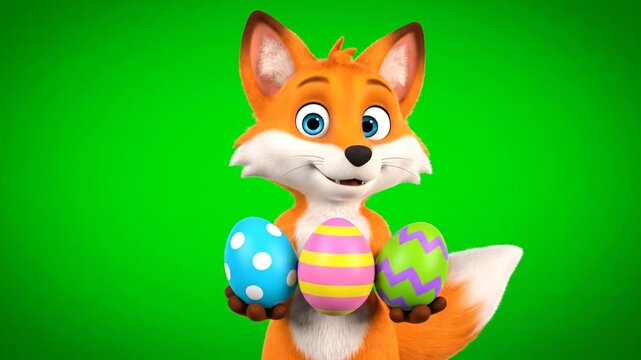 Animated Fox Character Holding Decorated Easter Eggs Isolated by Green Screen Perfect for Festive Greetings and Children's Content Featuring Cute Cartoon Fox with Vibrant Colorful Eggs Ready for