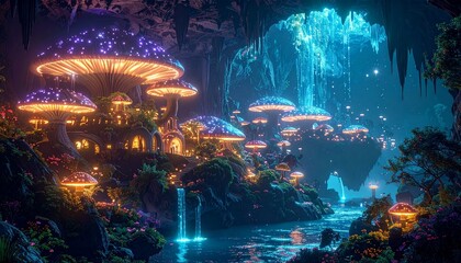 Enchanting bioluminescent mushroom village nestled in a mystical cave with cascading waterfalls and glowing flora