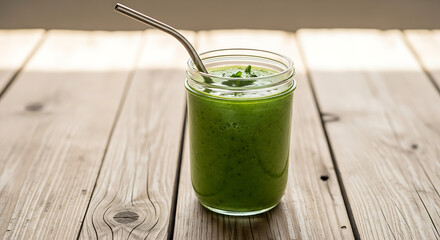 Refreshing green smoothie in a glass jar with a metal straw on wood table