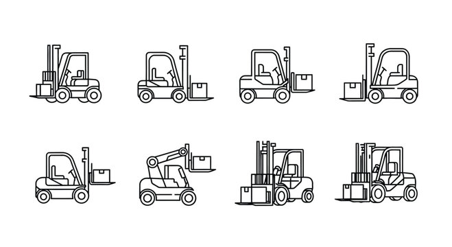 Collection of line art forklift trucks lifting boxes in different warehouse scenarios vector