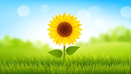 A vibrant illustration depicts a solitary, fully bloomed flower towering over green grass under a bright blue sky, offering a sunny vista