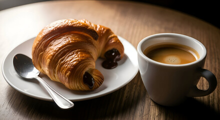 Delicious croissant with chocolate and a cup of coffee on a wooden table, breakfast time