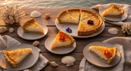 Delicious coconut pie slices with flowers with shells on a wooden table near the sea