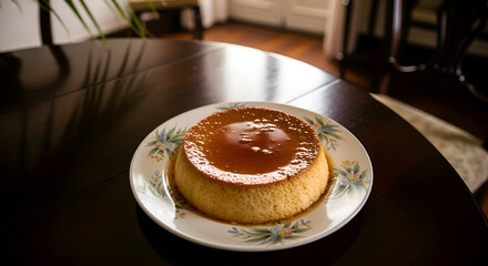 Delicious dessert of caramel flan on a decorative plate on a wooden table perfectly clicked
