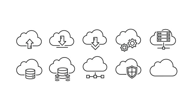 Set of cloud computing icons representing data storage security and upload download operations vector
