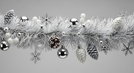 A festive silver garland adorned with pinecones, snowflakes, and baubles, perfect for holiday decoration.
