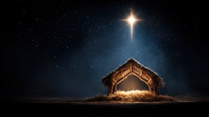 Christmas Eve: The manger under a luminous star, symbolizing the heart of the holiday, radiates warmth in the tranquil night.. Generative Ai