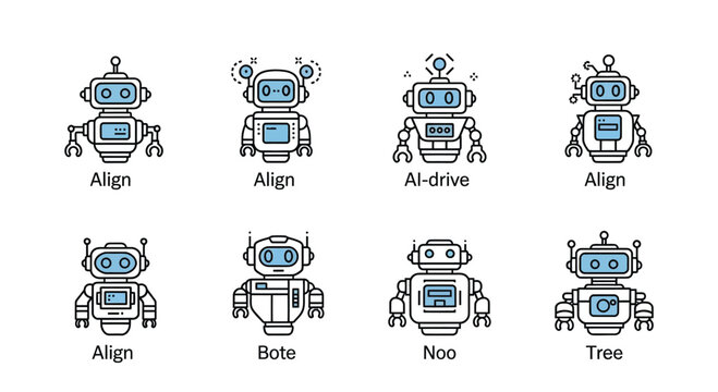 Collection of cute hand-drawn robot characters with different names and features vector