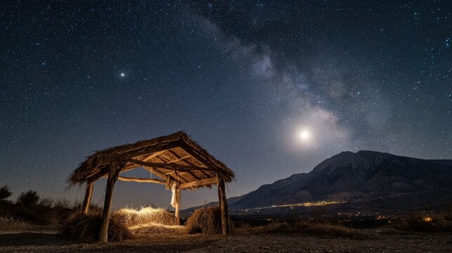 Starry Night in Holy Land: An ancient stable, illuminated by a celestial display of stars, a testament to faith and a sense of wonder.. Generative Ai - Powered by Adobe