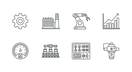 Hand drawn icons representing business technology and data analysis concepts in a clean sketch style vector