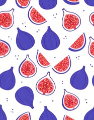 A vibrant illustration displays a repetitive pattern of figs, some whole, others halved or sliced, against a clean white backdrop