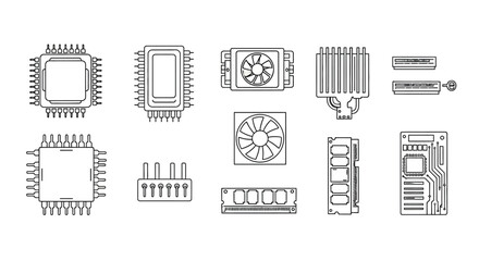 Collection of computer component schematics and diagrams technical drawings of electronic parts vector