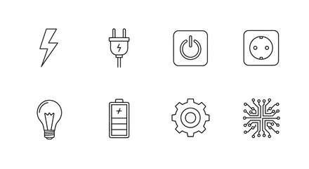 Set of hand-drawn electricity and power symbols including lightning bolt light bulb plug and outlet vector