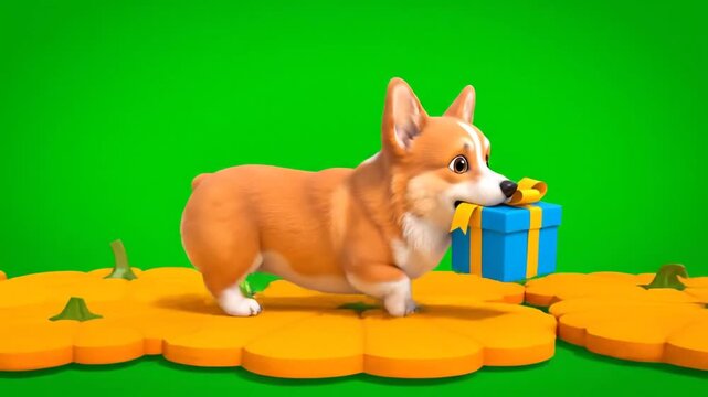 Corgi Carries Blue Gift Box with Yellow Ribbon Animation on Pumpkin Patch Against Green Screen 3D Render Perfect for Autumn Thanksgiving or Celebration Content with Isolated Elements Ready for