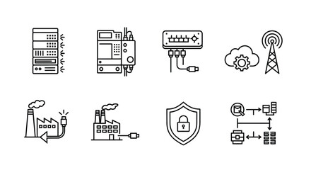 Set of hand drawn icons representing technology network security cloud and industry concepts vector