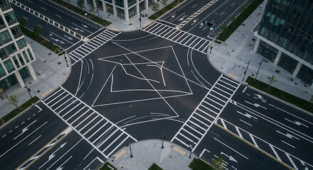 Aerial view of a modern roundabout with pedestrian crossings and buildings