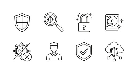 Cyber security and protection icons shield magnifying glass lock cloud and virus protection symbols vector