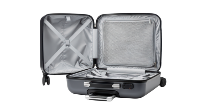 Open Gray Hardside Luggage With Interior Straps And Compartments Isolated On transparent Background