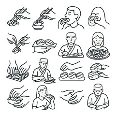 Line art illustrations of people enjoying and preparing sushi in various styles
