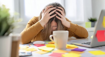 Overwhelmed at Work: A woman, buried in a sea of sticky notes and amidst a chaotic desk, finds herself overwhelmed, her hands gripping her head in a moment of stress.. Generative Ai