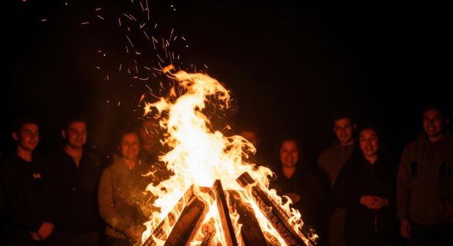 Bonfire night celebration with people enjoying a campfire under the night sky - Powered by Adobe