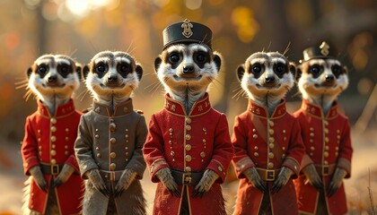 A group of meerkats in military-style uniforms, standing in a line outdoors with a blurred background