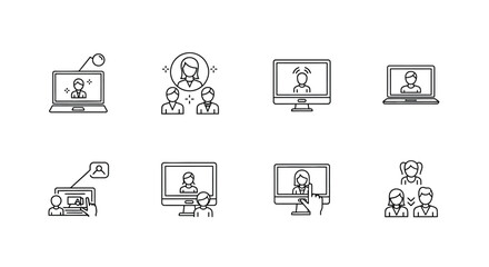 Set of hand drawn icons representing remote work and online communication vector