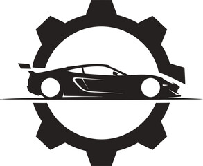 A sleek sports car silhouette is set against a gear backdrop, embodying speed and precision, isolated on white background